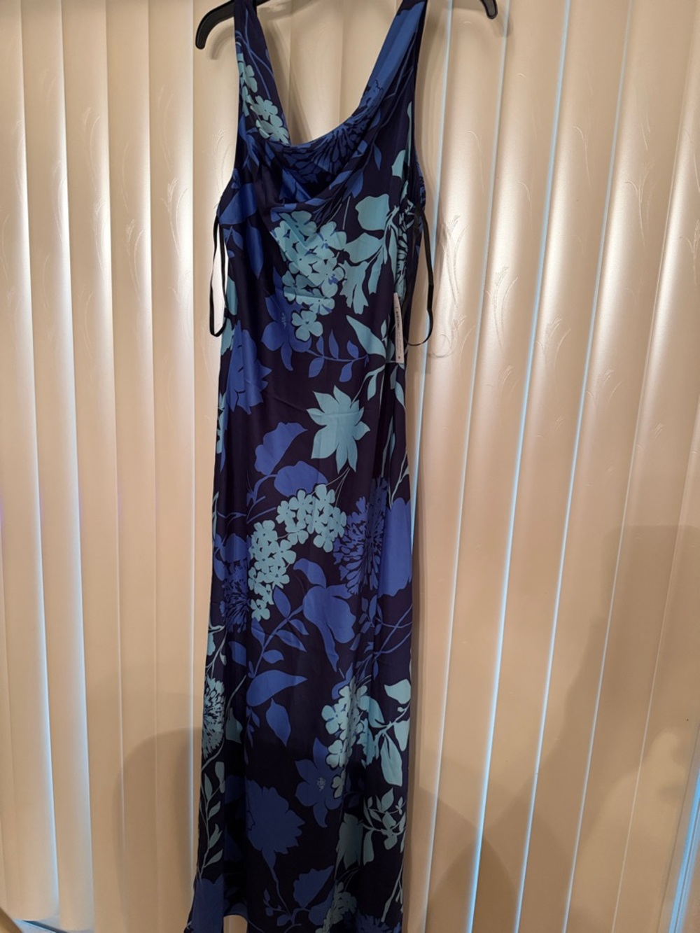 Navy and Teal Floral Cowl-Neck Maxi Dress